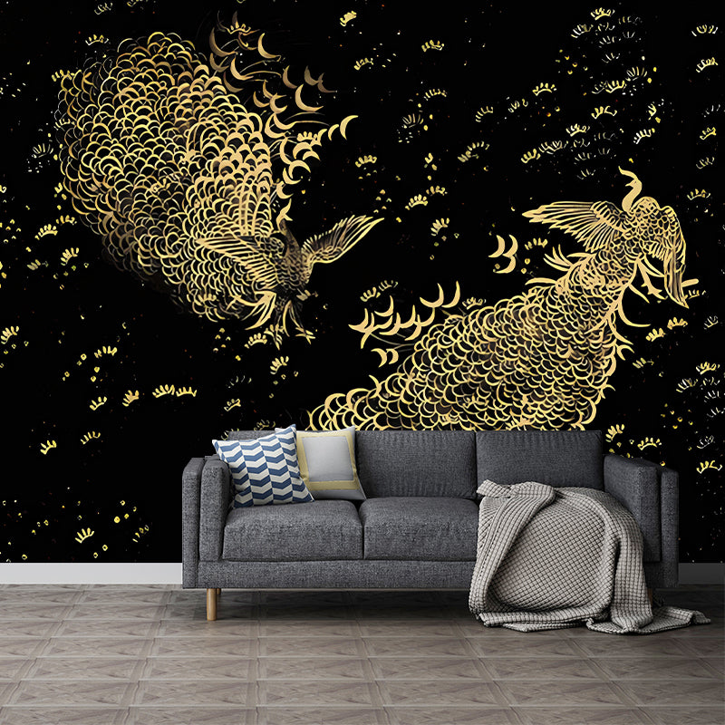 Large Peacock Wall Covering Murals in Dark Color Non-Woven Wall Art, Waterproof, Personalized Size Black Clearhalo 'Wall Decor' 'Wall Mural' 1274490