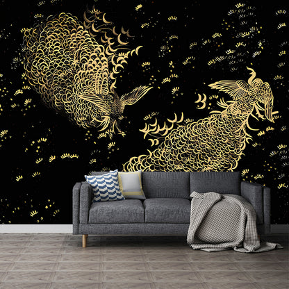 Large Peacock Wall Covering Murals in Dark Color Non-Woven Wall Art, Waterproof, Personalized Size Black Clearhalo 'Wall Decor' 'Wall Mural' 1274490