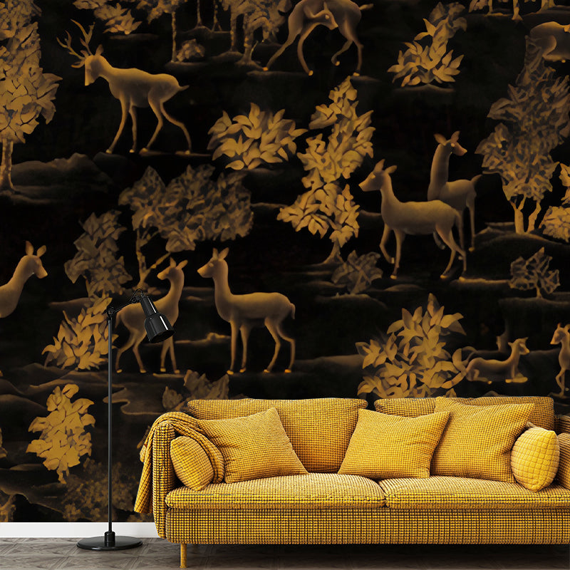 Non-Woven Stain Resistant Murals Antique Deer Patterned Wall Decor for Living Room Black Clearhalo 'Wall Decor' 'Wall Mural' 1274510