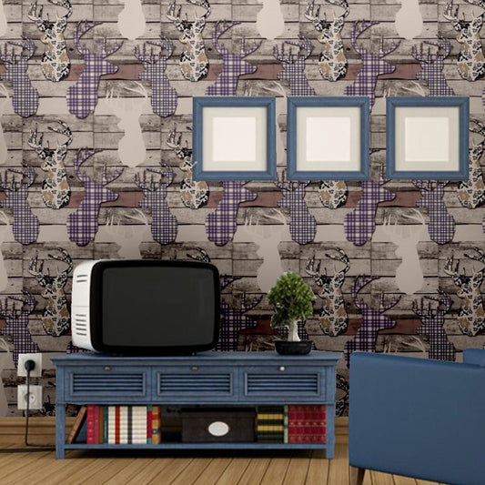 Elk Head and Brick Wallpaper Novelty Washable Living Room Wall Decor, 54.2-sq ft Clearhalo 'Wall Decor' 'Wallpaper' 1274635