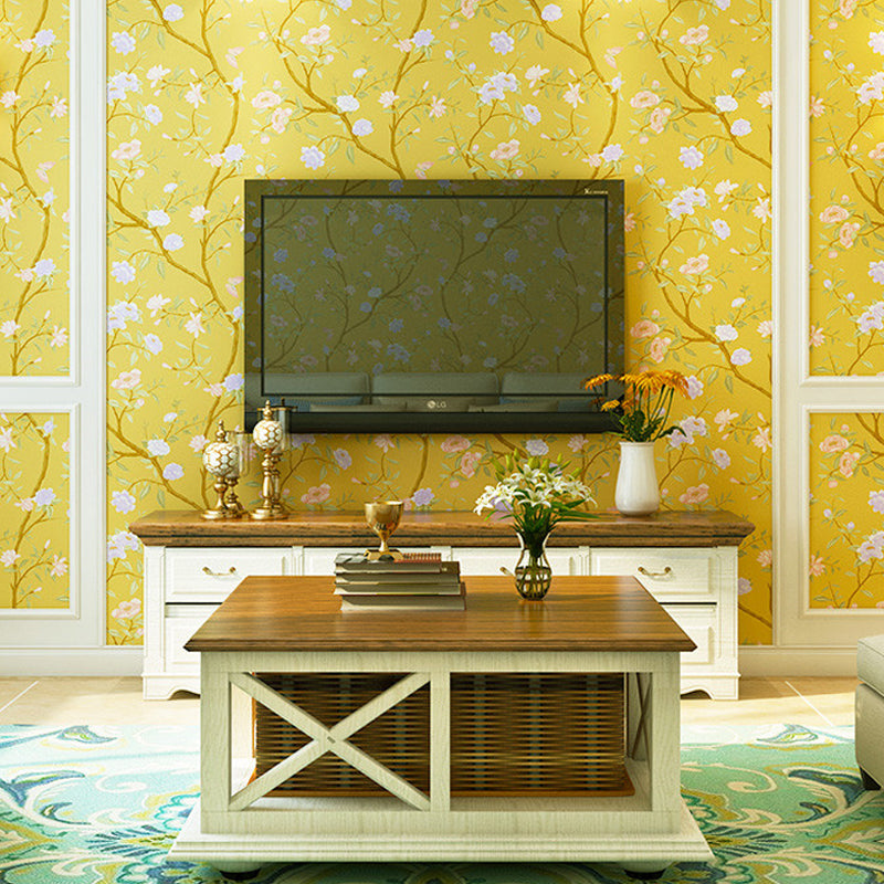 Country Peonies Wallpaper Roll Paper Moisture Resistant Bright Color Wall Covering for Living Room Lemon Yellow Clearhalo 'Country wall decor' 'Rustic' 'Wallpaper' Wall Decor' 1274668