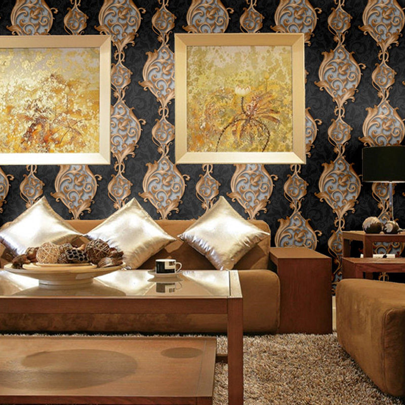 Vintage Swirl Flower String Wallpaper for Bedroom 54.2-sq ft Wall Decor in Gold on Black Clearhalo 'Vintage wall decor' 'Vintage' 'Wallpaper' Wall Decor' 1276776