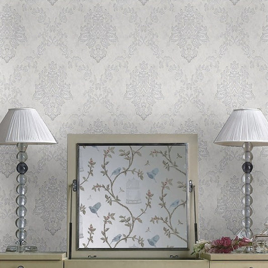 Damask Wallpaper Roll Nostalgic Moisture Resistant Dining Room Wall Art, 31' L x 20.5" W White-Silver Clearhalo 'Vintage wall decor' 'Vintage' 'Wallpaper' Wall Decor' 1276789