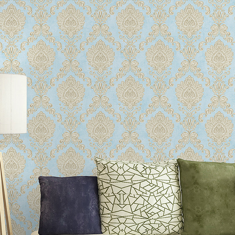 Nostalgic Damask Wallpaper Roll 3D Embossed Waterproof Light-Color Wall Decor for Bedroom Blue Clearhalo 'Vintage wall decor' 'Vintage' 'Wallpaper' Wall Decor' 1277396