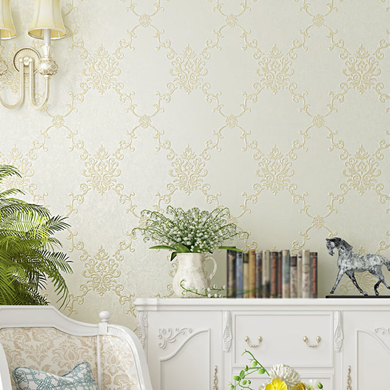 Embroidery Washable Wallpaper Vintage Geo Lattice Wall Art for Bedroom, 57.1-sq ft Beige Clearhalo 'Vintage wall decor' 'Vintage' 'Wallpaper' Wall Decor' 1277692