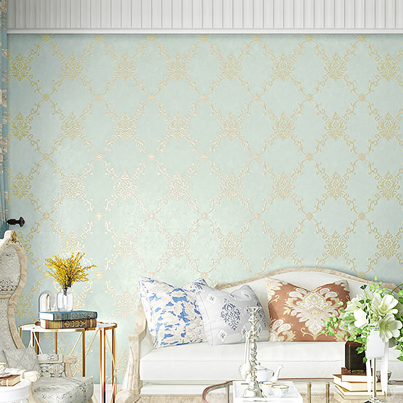 Embroidery Washable Wallpaper Vintage Geo Lattice Wall Art for Bedroom, 57.1-sq ft Light Blue Clearhalo 'Vintage wall decor' 'Vintage' 'Wallpaper' Wall Decor' 1277698