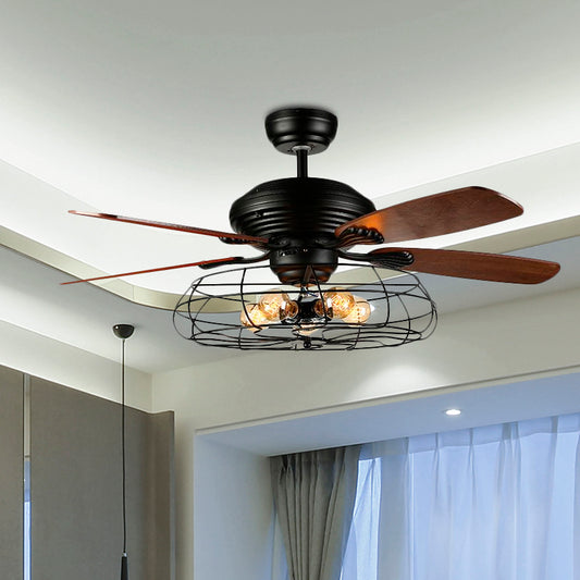 Vintage Cage Shape Semi Flush Mount Metal 5 Lights Fan Light Fixture for Dining Room Clearhalo 'Ceiling Fans with Lights' 'Ceiling Fans' 'Industrial Ceiling Fans' 'Industrial' Lighting' 1278402