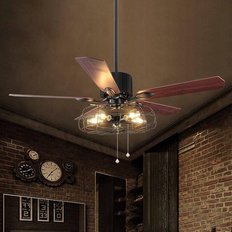 Caged Indoor Ceiling Fan with 5 Blade Metal Rustic Vintage Semi Flush Mount Light in Black Clearhalo 'Ceiling Fans with Lights' 'Ceiling Fans' 'Industrial Ceiling Fans' 'Industrial' Lighting' 1278403