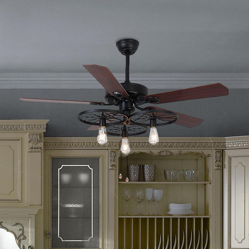 3 Lights Wheel Ceiling Fan Industrial Retro Metal Semi Flush in Black with 5 Blades Clearhalo 'Ceiling Fans with Lights' 'Ceiling Fans' 'Industrial Ceiling Fans' 'Industrial' Lighting' 1278404