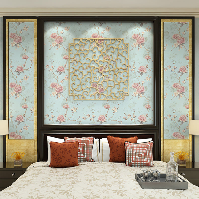 Rustic Peony Wallpaper Roll for Dining Room 57.1-sq ft Wall Decoration in Pastel Color Light Blue Clearhalo 'Country wall decor' 'Rustic' 'Wallpaper' Wall Decor' 1283152