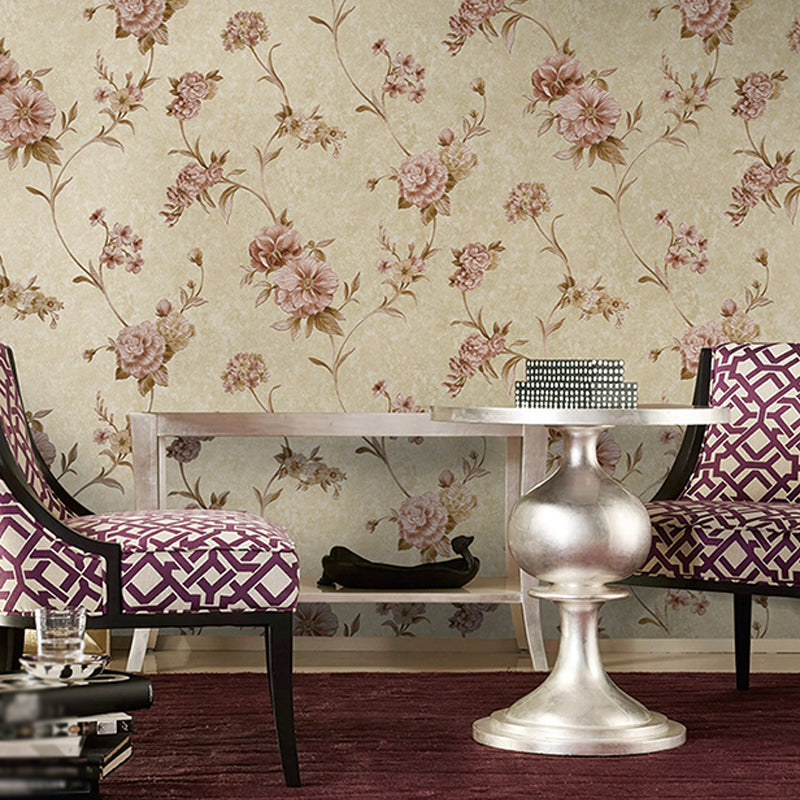 Rustic Flower Blossom Wallpaper Roll Pastel Color Stain Resistant Wall Art for Living Room Khaki Clearhalo 'Country wall decor' 'Rustic' 'Wallpaper' Wall Decor' 1283161