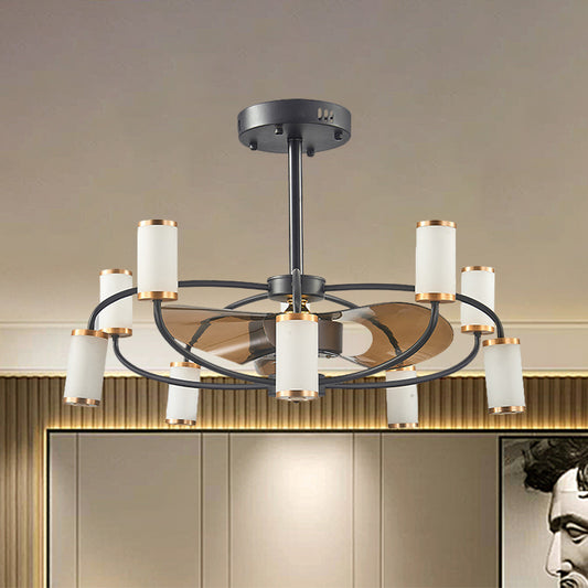 Acrylic Tubular Pendant Fan Lamp Modernism 35.5" W 10-Bulb Black 3-Blade Semi Flush Mount Lighting Clearhalo 'Ceiling Fans with Lights' 'Ceiling Fans' 'Modern Ceiling Fans' 'Modern' Lighting' 1283210