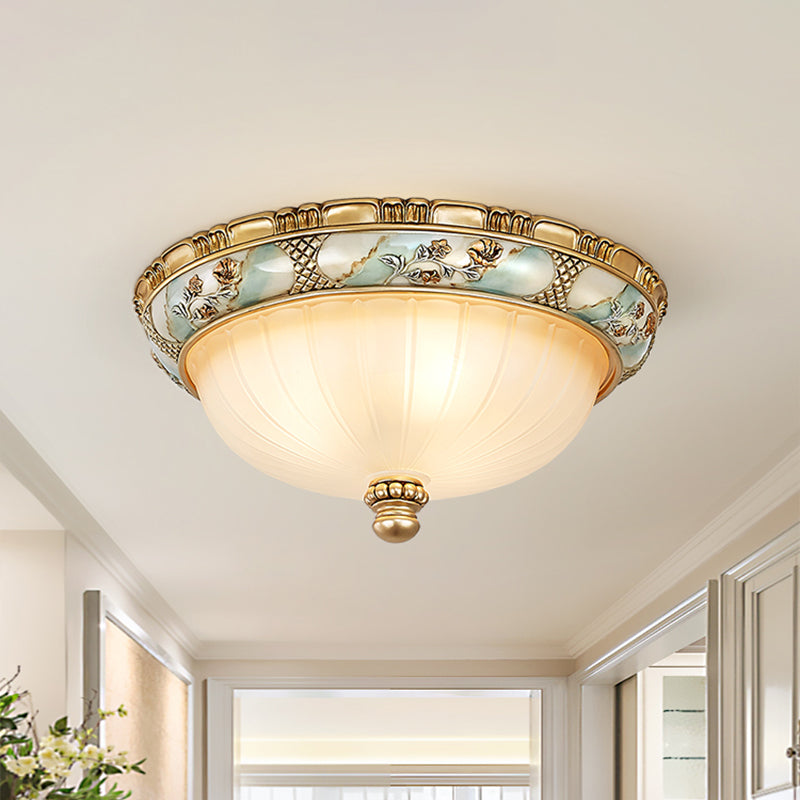 Traditional Dome Shade Flush Mount 3 Heads 15"/19" W Amber Glass Flush Ceiling Lamp in Gold for Hallway Gold Clearhalo 'Ceiling Lights' 'Close To Ceiling Lights' 'Close to ceiling' 'Flush mount' Lighting' 1283260
