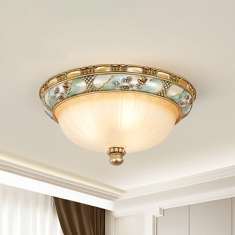 Traditional Dome Shade Flush Mount 3 Heads 15"/19" W Amber Glass Flush Ceiling Lamp in Gold for Hallway Clearhalo 'Ceiling Lights' 'Close To Ceiling Lights' 'Close to ceiling' 'Flush mount' Lighting' 1283261