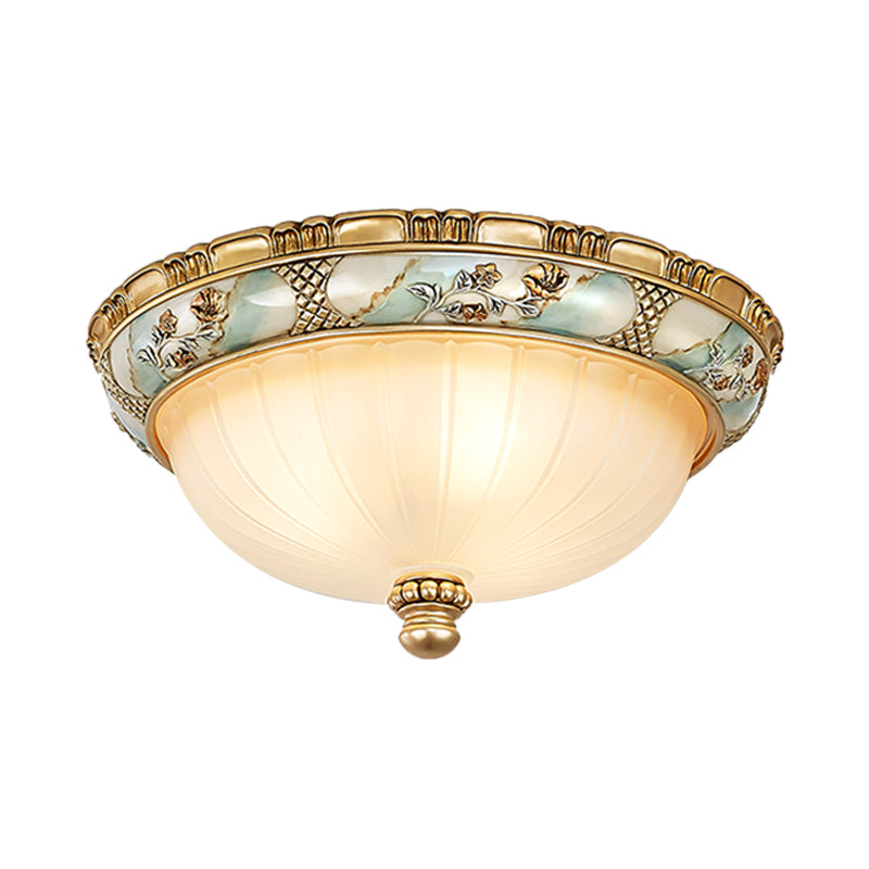 Traditional Dome Shade Flush Mount 3 Heads 15"/19" W Amber Glass Flush Ceiling Lamp in Gold for Hallway Clearhalo 'Ceiling Lights' 'Close To Ceiling Lights' 'Close to ceiling' 'Flush mount' Lighting' 1283262