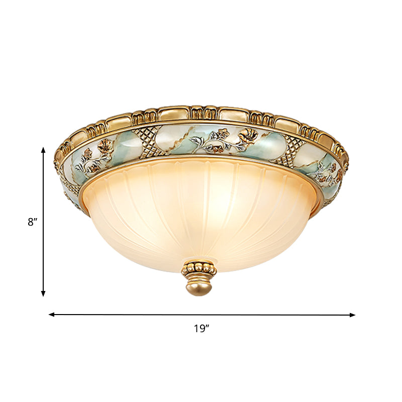 Traditional Dome Shade Flush Mount 3 Heads 15"/19" W Amber Glass Flush Ceiling Lamp in Gold for Hallway Clearhalo 'Ceiling Lights' 'Close To Ceiling Lights' 'Close to ceiling' 'Flush mount' Lighting' 1283264