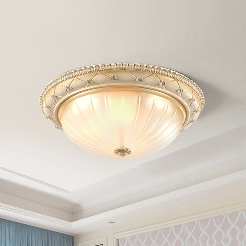Beige Bowl Shaped Flush Ceiling Light Traditional Ribbed Glass 2/3 Lights 11.5"/16"/19.5" W Bedroom Flush Mount Clearhalo 'Ceiling Lights' 'Close To Ceiling Lights' 'Close to ceiling' 'Flush mount' Lighting' 1283285