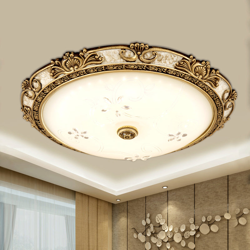 Veined Glass Dome Flush Mount Lamp Country Style 13"/16"/19.5" W LED Parlour Ceiling Flush in Brass, Warm/White Light Brass Clearhalo 'Ceiling Lights' 'Close To Ceiling Lights' 'Close to ceiling' 'Flush mount' Lighting' 1283302