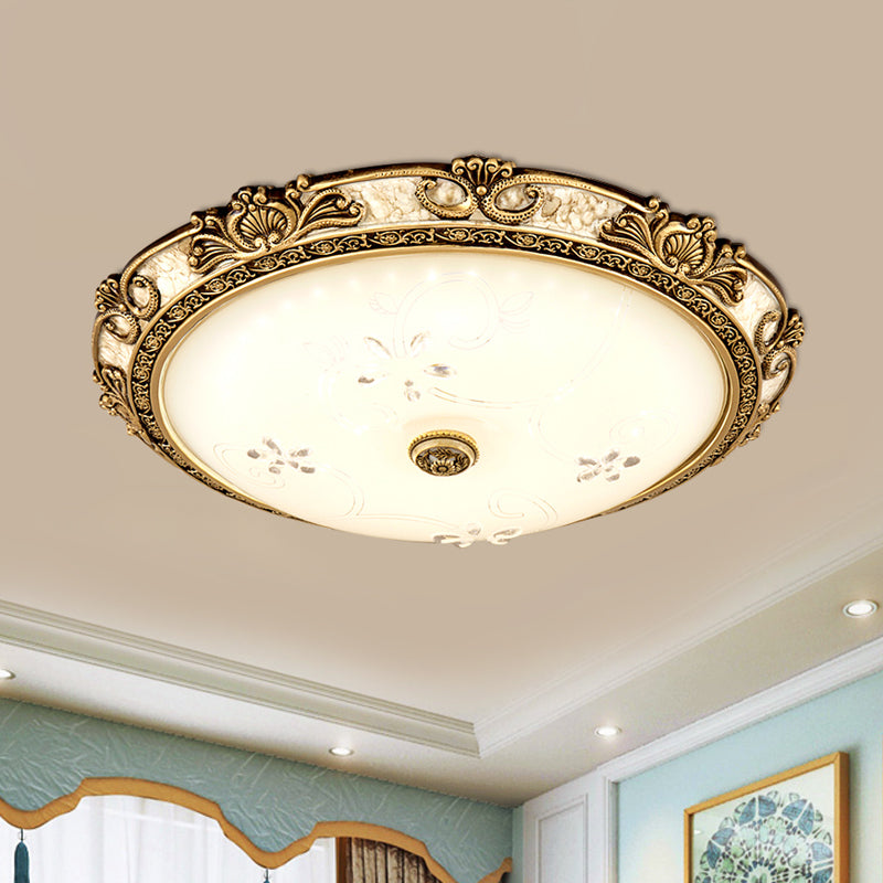 Veined Glass Dome Flush Mount Lamp Country Style 13"/16"/19.5" W LED Parlour Ceiling Flush in Brass, Warm/White Light Clearhalo 'Ceiling Lights' 'Close To Ceiling Lights' 'Close to ceiling' 'Flush mount' Lighting' 1283303