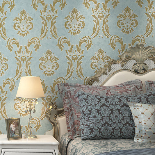 Embossed Washable Wallpaper Vintage Jacquard Wall Decoration in Blue for Bedroom