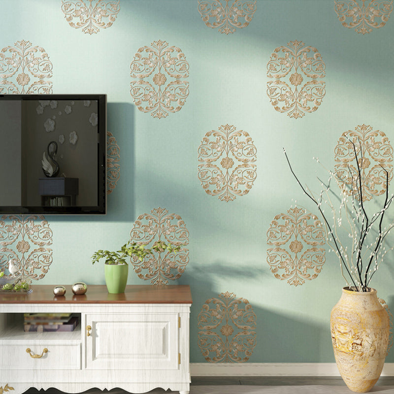 Nostalgic Embroidered Floral Wallpaper for Bedroom 57.1-sq ft Wall Decor in Pastel Color Antique Blue Clearhalo 'Vintage wall decor' 'Vintage' 'Wallpaper' Wall Decor' 1284473