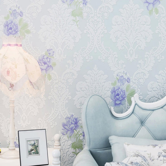 Light-Color Peony Print Wallpaper Stain-Resistant Wall Decoration for Living Room Blue Clearhalo 'Country wall decor' 'Rustic' 'Wallpaper' Wall Decor' 1284526