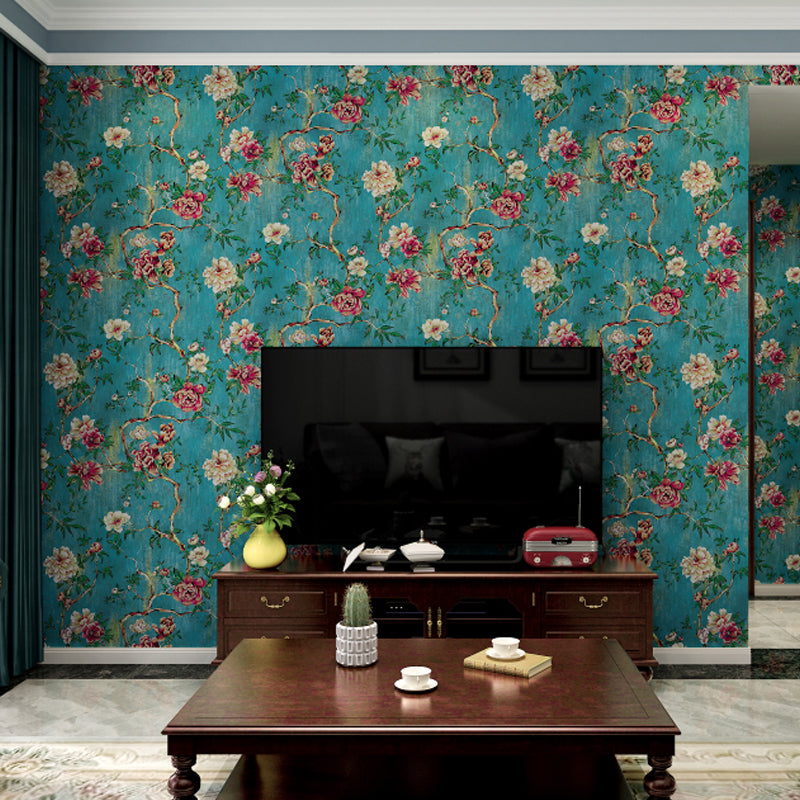 Flower Blossoming Peony Wallpaper Rustic Paper Made Wall Covering in Pastel Color Antique Blue Clearhalo 'Country wall decor' 'Rustic' 'Wallpaper' Wall Decor' 1284541