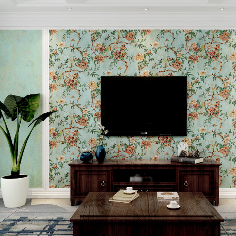 Flower Blossoming Peony Wallpaper Rustic Paper Made Wall Covering in Pastel Color Light Blue Clearhalo 'Country wall decor' 'Rustic' 'Wallpaper' Wall Decor' 1284550