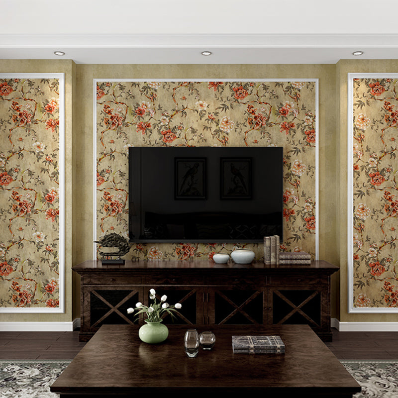 Flower Blossoming Peony Wallpaper Rustic Paper Made Wall Covering in Pastel Color Yellow Clearhalo 'Country wall decor' 'Rustic' 'Wallpaper' Wall Decor' 1284555