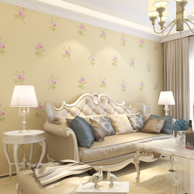Beautiful Rose Embroidered Wallpaper for Bedroom Decoration, Pink-Beige ...