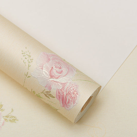 Beautiful Rose Embroidered Wallpaper for Bedroom Decoration, Pink-Beige, 54.2-sq ft