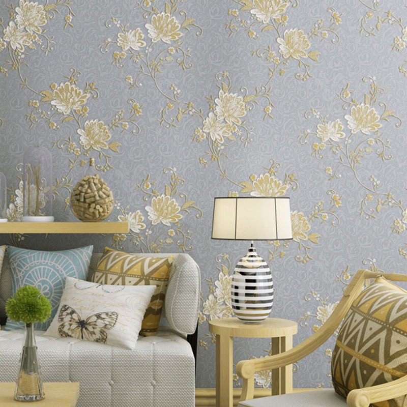 Embroidered Washable Wallpaper Farmhouse Lotus Patterned Wall Art for Dining Room Grey Clearhalo 'Country wall decor' 'Rustic' 'Wallpaper' Wall Decor' 1284607