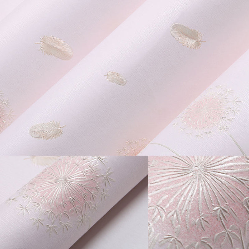 Rustic Girls Wallpaper Roll with Feather and Dandelion Pattern Soft-Color Wall Art Clearhalo 'Country wall decor' 'Rustic' 'Wallpaper' Wall Decor' 1284626