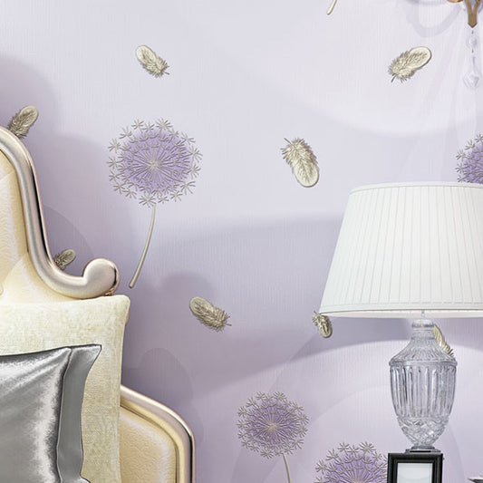 Rustic Girls Wallpaper Roll with Feather and Dandelion Pattern Soft-Color Wall Art Light Purple Clearhalo 'Country wall decor' 'Rustic' 'Wallpaper' Wall Decor' 1284632