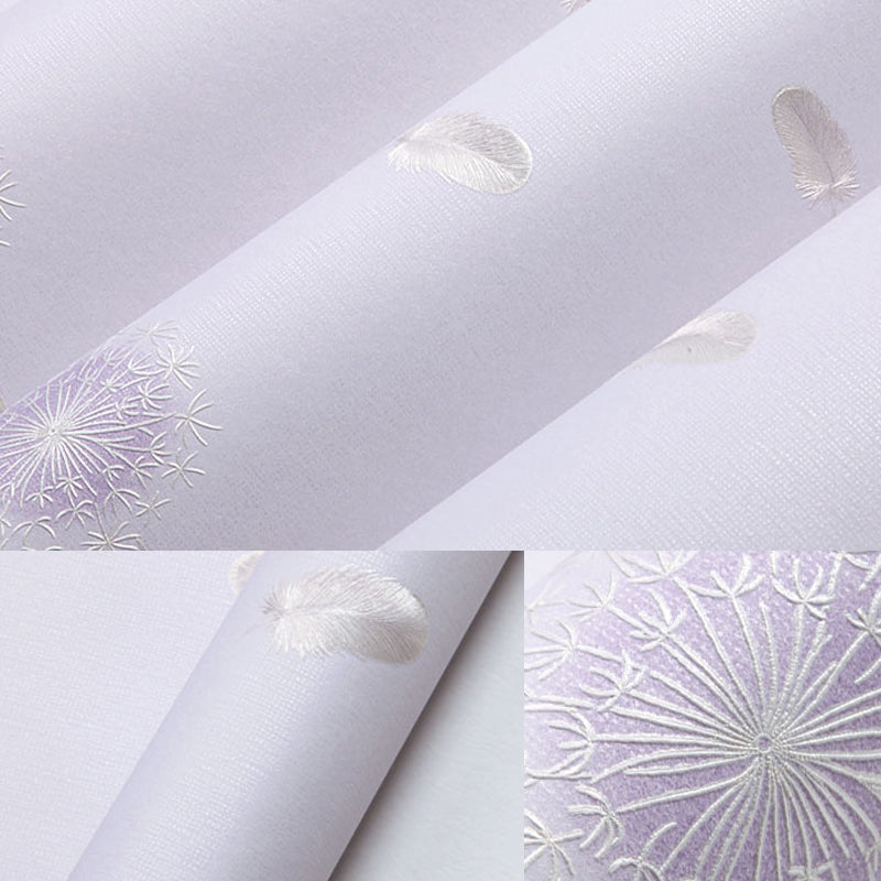Rustic Girls Wallpaper Roll with Feather and Dandelion Pattern Soft-Color Wall Art Clearhalo 'Country wall decor' 'Rustic' 'Wallpaper' Wall Decor' 1284634