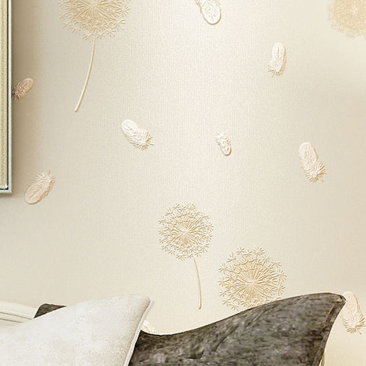 Rustic Girls Wallpaper Roll with Feather and Dandelion Pattern Soft-Color Wall Art Clearhalo 'Country wall decor' 'Rustic' 'Wallpaper' Wall Decor' 1284636
