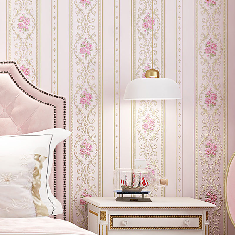 Floral Striped Wallpaper Roll Countryside Embossed Wall Covering in Pastel Color Light Pink Clearhalo 'Country wall decor' 'Rustic' 'Wallpaper' Wall Decor' 1284647