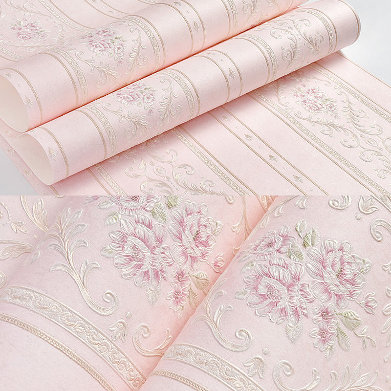Floral Striped Wallpaper Roll Countryside Embossed Wall Covering in Pastel Color Clearhalo 'Country wall decor' 'Rustic' 'Wallpaper' Wall Decor' 1284650