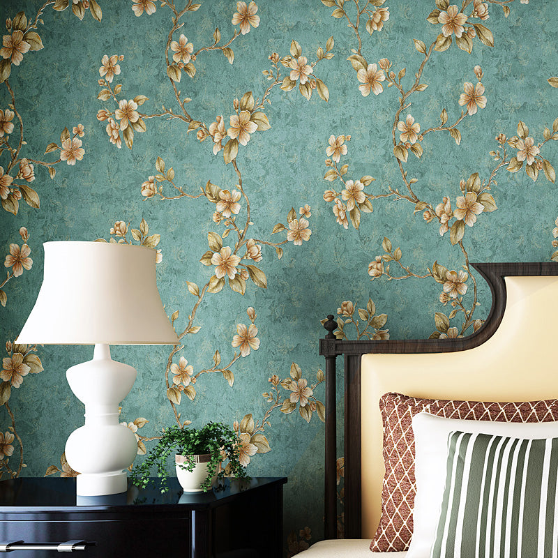 Peach Blossom Wallpaper Roll Farmhouse Waterproof Bedroom Wall Decoration, 57.1-sq ft Green Clearhalo 'Country wall decor' 'Rustic' 'Wallpaper' Wall Decor' 1284664