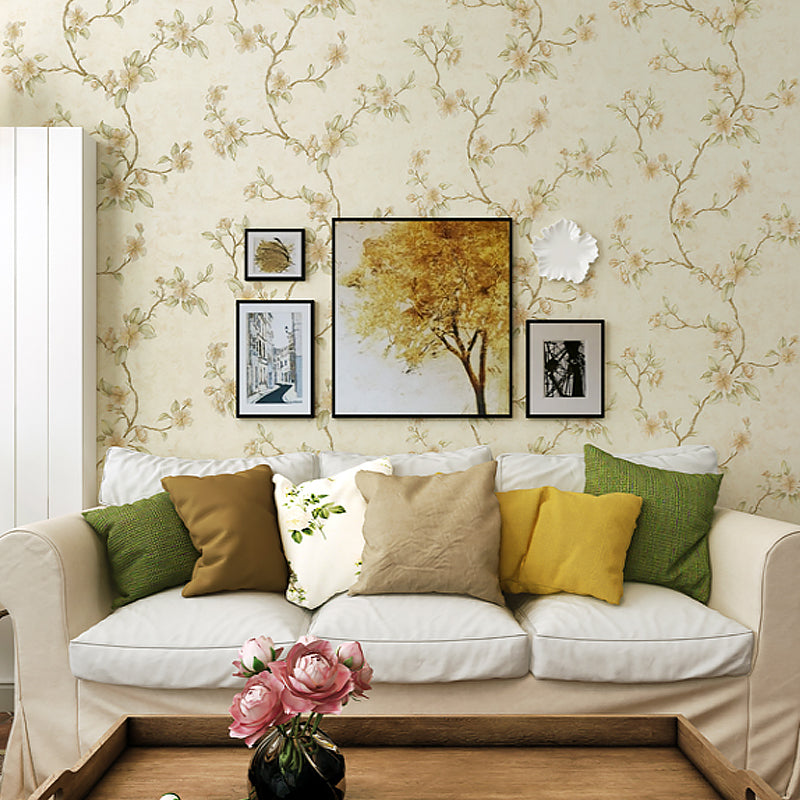 Peach Blossom Wallpaper Roll Farmhouse Waterproof Bedroom Wall Decoration, 57.1-sq ft Light Yellow Clearhalo 'Country wall decor' 'Rustic' 'Wallpaper' Wall Decor' 1284668