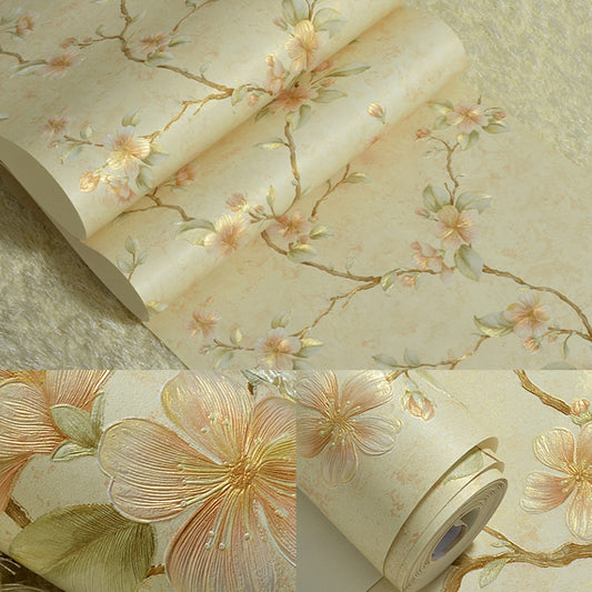 Peach Blossom Wallpaper Roll Farmhouse Waterproof Bedroom Wall Decoration, 57.1-sq ft Clearhalo 'Country wall decor' 'Rustic' 'Wallpaper' Wall Decor' 1284670