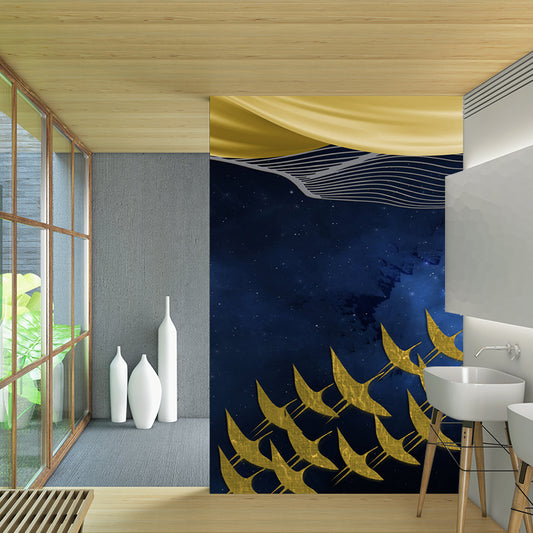 Full Size Abstract Wall Mural Artistic Imaginative Gulls at Starry Night Wall Art in Yellow-Blue