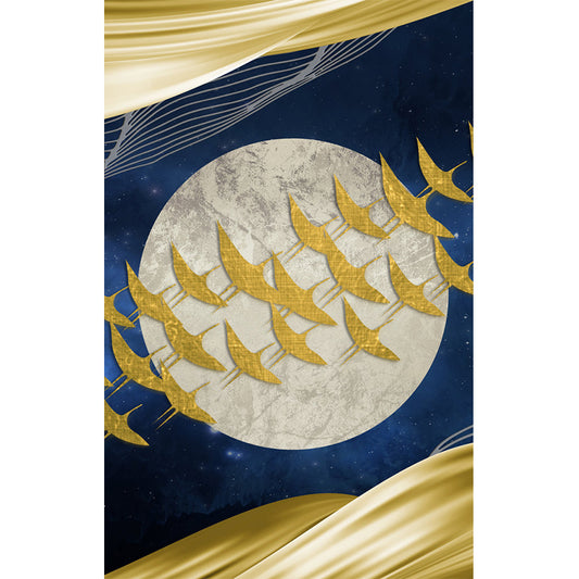 Personalized Illustration Artistry Mural with Flock of Birds Fly Across Full Moon in Yellow-Blue Clearhalo 'Wall Decor' 'Wall Mural' 1284987