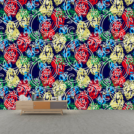 Peonies and Swirl Vine Mural Decal Red-Yellow-Blue Stylish Wall Covering for Bedroom Clearhalo 'Wall Decor' 'Wall Mural' 1285111