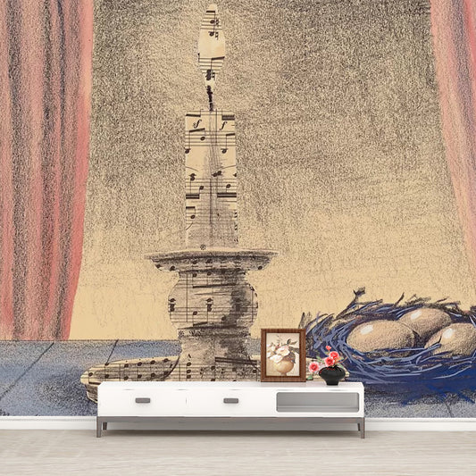 Whole Still Life Wall Mural Decal Surrealistic Table Lamp and Eggs Wall Art in Brown
