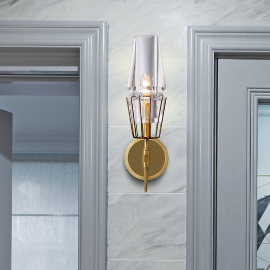 Tapered Clear Glass Wall Mount Light Modernist 1/2 Lights Gold Flush Mount Wall Sconce 1.0 Gold Clearhalo 'Cast Iron' 'Glass' 'Industrial' 'Modern wall lights' 'Modern' 'Tiffany' 'Traditional wall lights' 'Wall Lamps & Sconces' 'Wall Lights' Lighting' 128517
