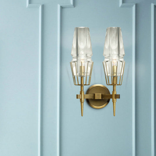 Tapered Clear Glass Wall Mount Light Modernist 1/2 Lights Gold Flush Mount Wall Sconce 2.0 Gold Clearhalo 'Cast Iron' 'Glass' 'Industrial' 'Modern wall lights' 'Modern' 'Tiffany' 'Traditional wall lights' 'Wall Lamps & Sconces' 'Wall Lights' Lighting' 128518