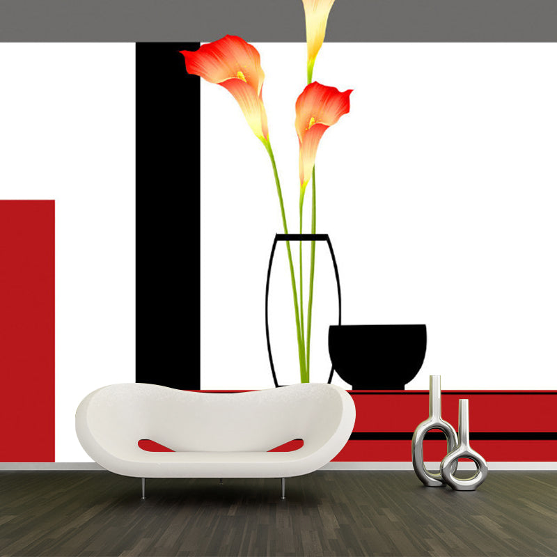 Whole Calla Lily Wallpaper Mural Artistic Beautiful Flower Wall Decor in Red-Black Clearhalo 'Wall Decor' 'Wall Mural' 1285238