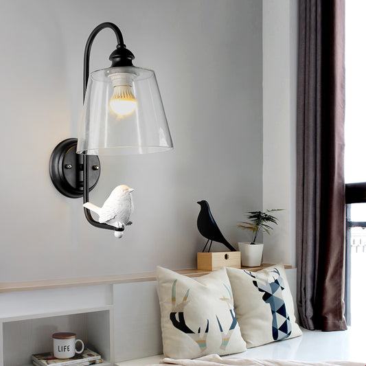 Cone Wall Lamp Modernist Clear Glass 1 Light White/Black Flush Mount Wall Sconce with White Bird Black Clearhalo 'Cast Iron' 'Glass' 'Industrial' 'Modern wall lights' 'Modern' 'Tiffany' 'Traditional wall lights' 'Wall Lamps & Sconces' 'Wall Lights' Lighting' 128524