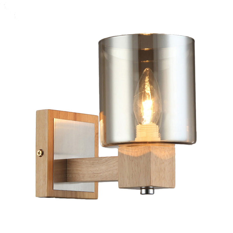 Vintage 1 Light Wall Mount Lamp with Smoke Glass Shade Natural Wood Cylindrical Sconce Light Fixture Clearhalo 'Cast Iron' 'Glass' 'Industrial' 'Modern wall lights' 'Modern' 'Tiffany' 'Traditional wall lights' 'Wall Lamps & Sconces' 'Wall Lights' Lighting' 128539
